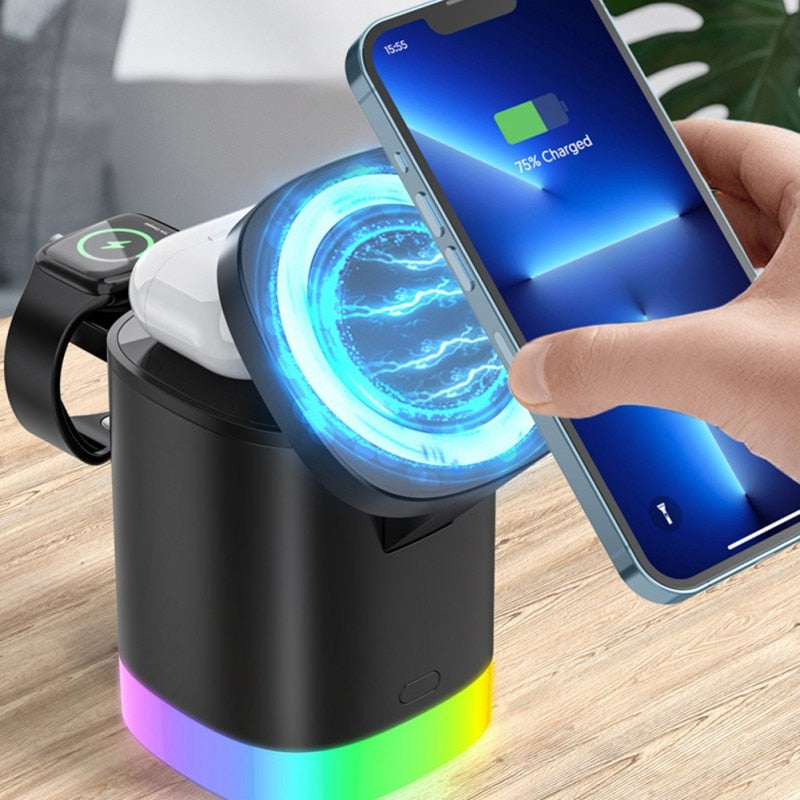 3 In 1 Magnetic Wireless Fast Charger For Smart Phone RGB Ambient Light Charging Station For Airpods IWatch CJ