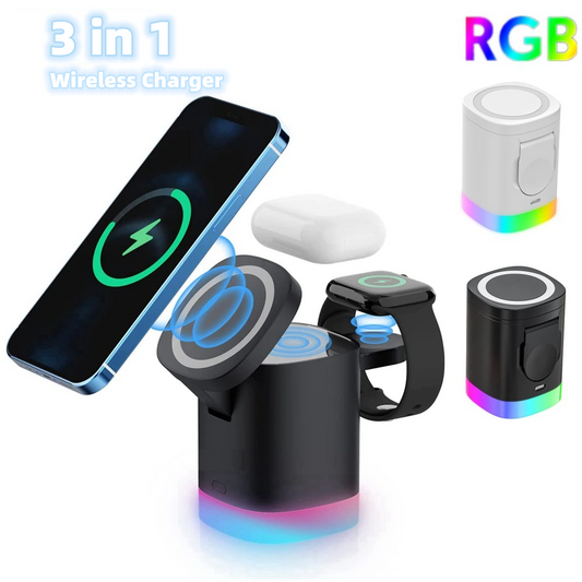 3 In 1 Magnetic Wireless Fast Charger For Smart Phone RGB Ambient Light Charging Station For Airpods IWatch CJ