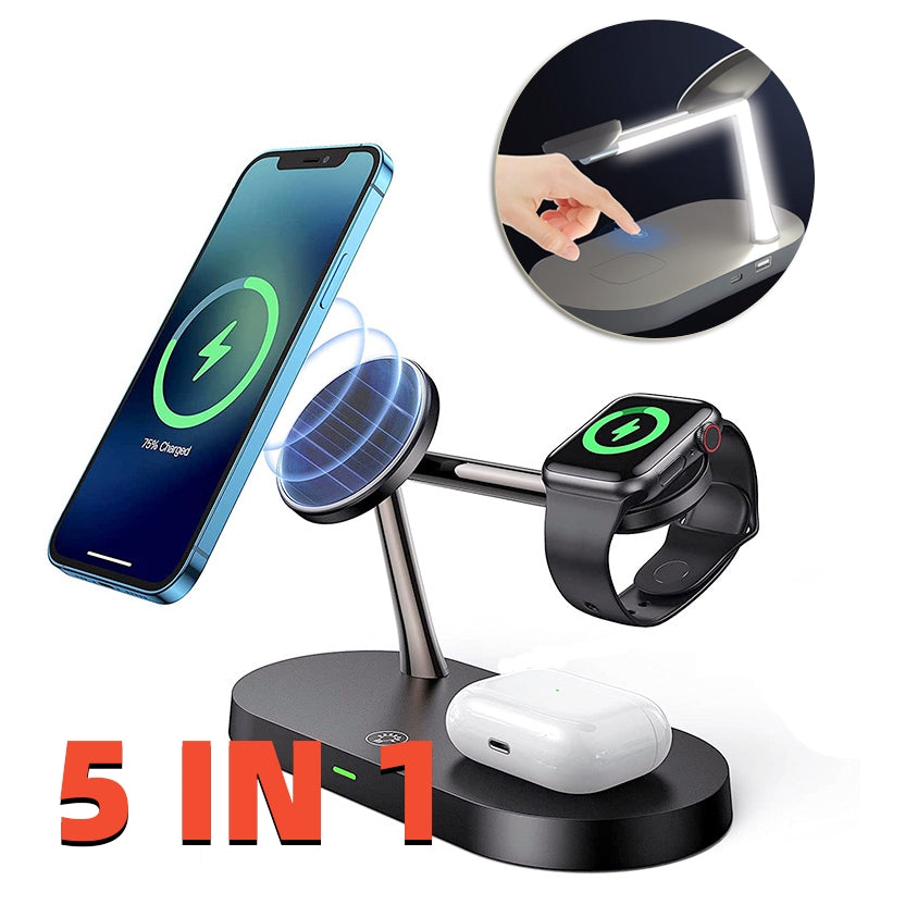 Multifunctional Five-In-One Magnetic Wireless Charging Watch Headset Desktop Mobile Phone Holder Charger 15W Fast Charge CJ