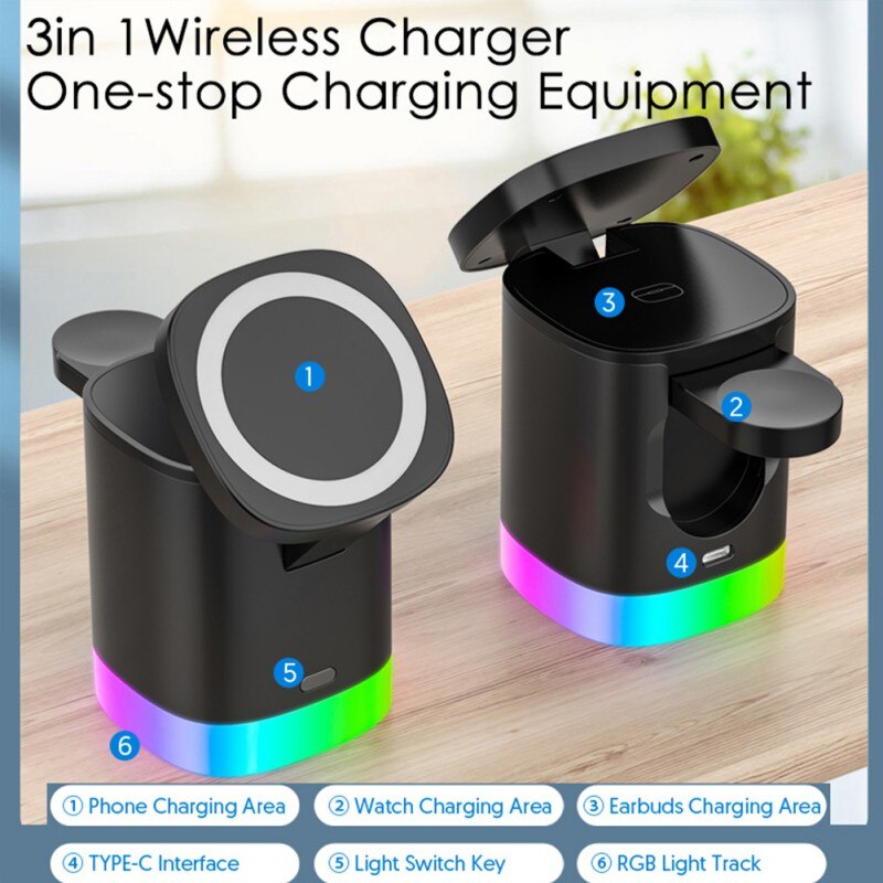 3 In 1 Magnetic Wireless Fast Charger For Smart Phone RGB Ambient Light Charging Station For Airpods IWatch CJ